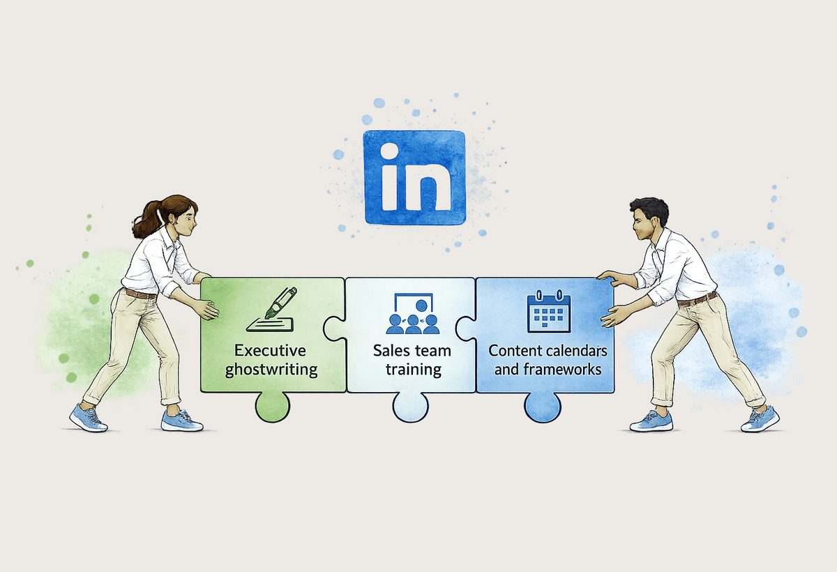 Marketing and sales pushing together the pieces of a LinkedIn programme: executive ghostwriting, sales team training, and content calendars